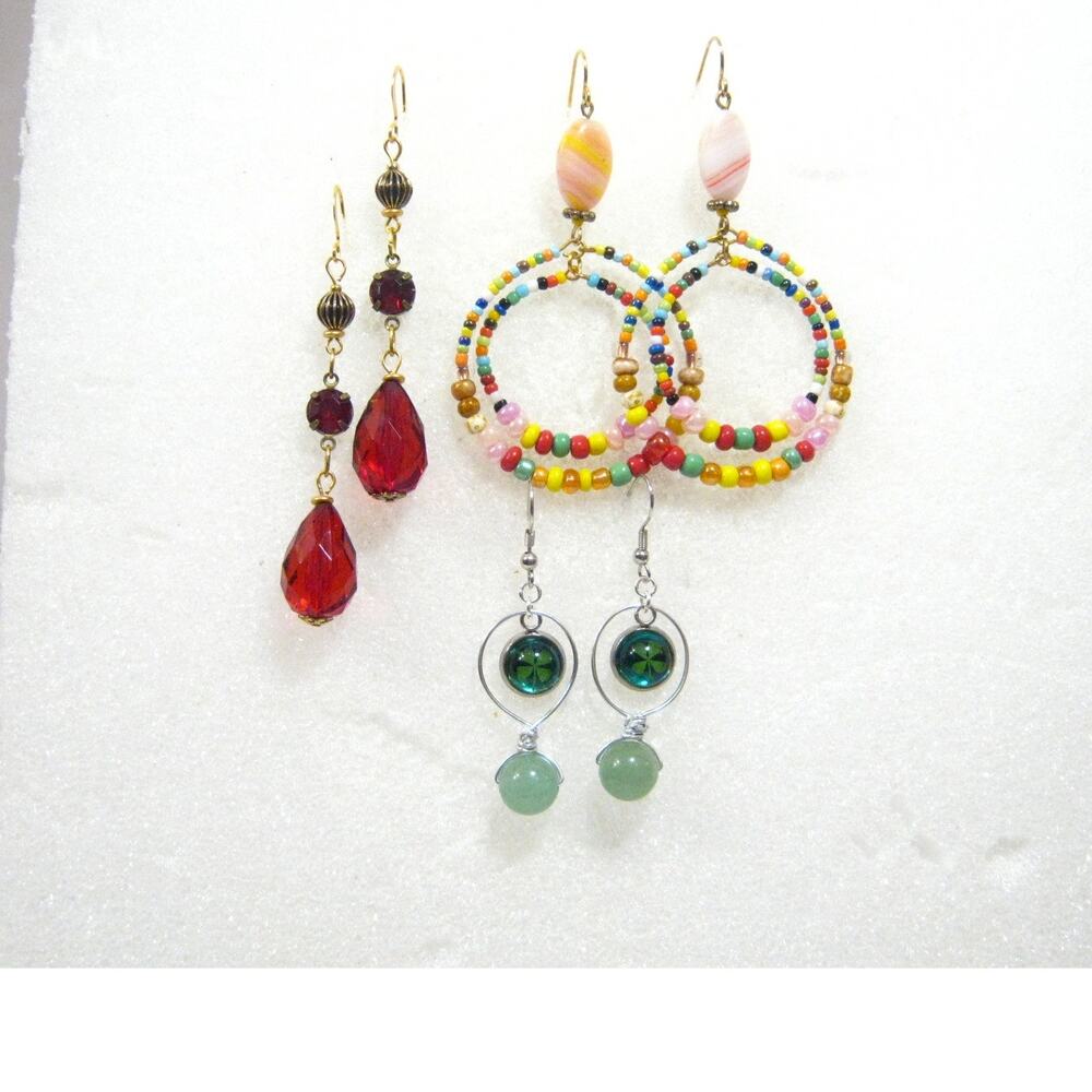 3 pair Handcrafted Earrings Red Glass Drops Colorful Glass Hoops Gemstone Drops